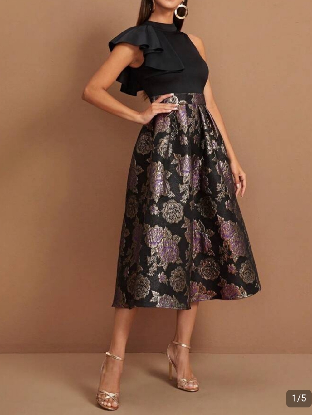 Shein Modelyn Exaggerate Ruffle Trim Jacquard Combo Dress